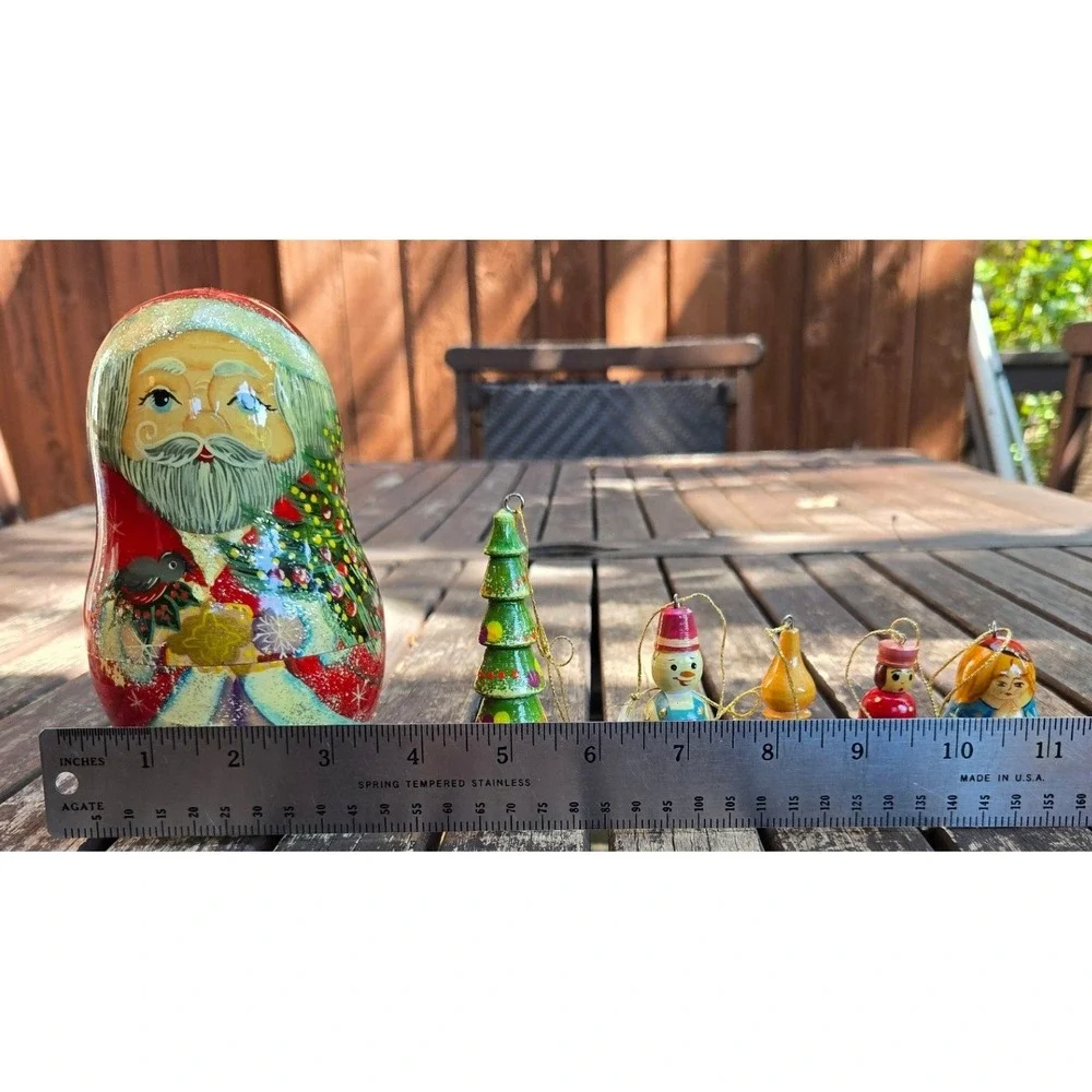 Vintage G. DeBrekht Russian Santa Nesting Doll Set 5 Wooden Christmas Ornaments